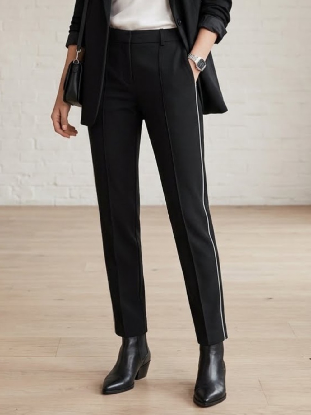 ALLSAINTS Ivy Rib Trousers Pintuck Tuxedo Stripe Pants Black Size 2